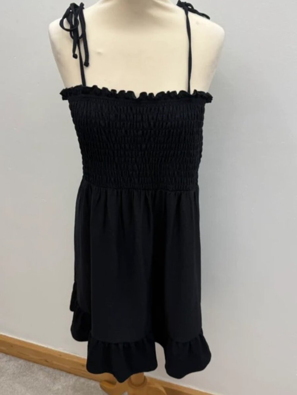 Topshop Black Shirred Tie-Strap Dress  Size 12